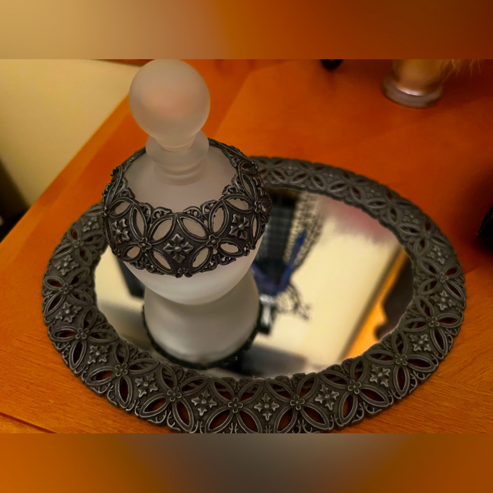 Small mirrors perfume tray and glass bottle